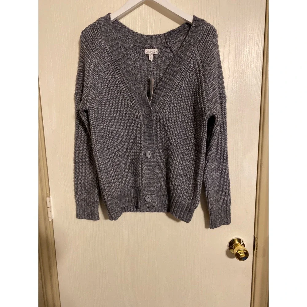 Olivia Sky Womens Grey Shaker Stitch V-Neck Button Front Cardigan Sweater M 0459